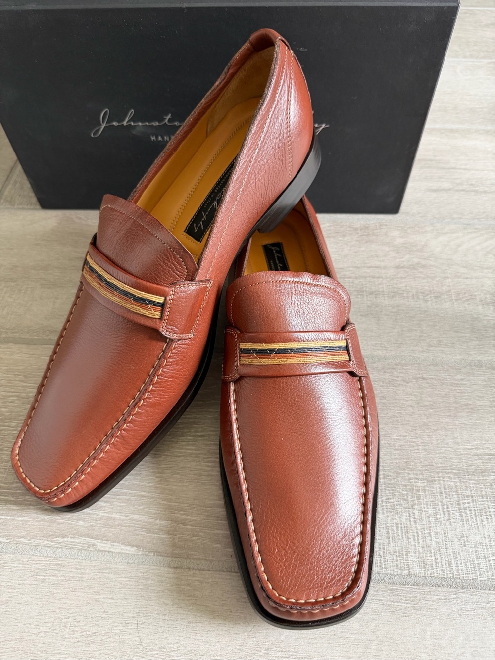 Johnston & Murphy Men's Cognac Leather Penny Loafers with Accent Strap